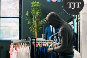 Person in a hooded sweatshirt browsing a clothing rack in a retail store, illustrating a suspected shoplifting stop in New Jersey